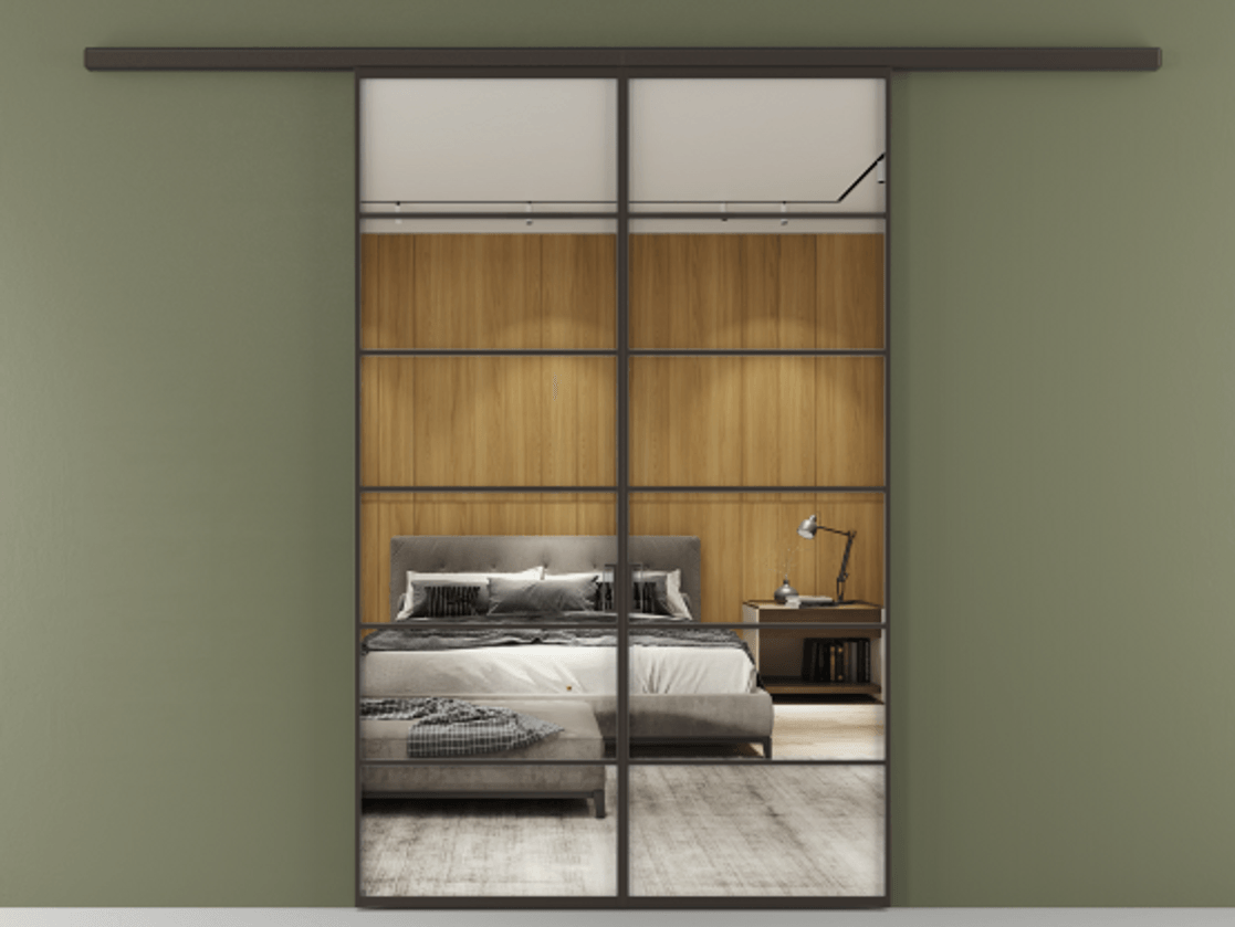 Перегородка Формато вдоль стены 2 створки АЛПР 040.04 Алюминий антрацит Двустороннее зеркало, триплекс , триплекс 6 мм Цена 207150 ₽ | Volhovec