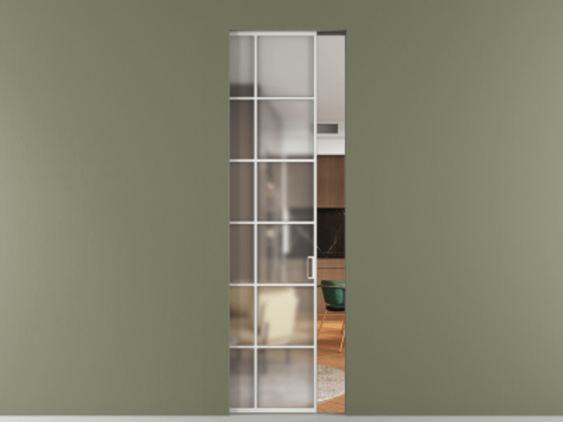 Перегородка Формато скрытый пенал 1 створка АЛПР 040.05 Алюминий белоснежный Сатинированное стекло "Мателюкс Кристал Вижн", калёное, матовое, каленое 6 мм Цена 34108060 so'm | Volhovec