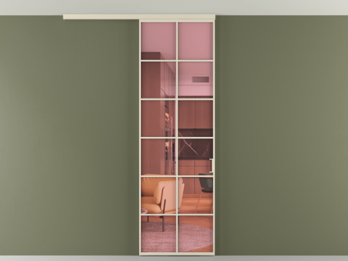 Межкомнатная дверь New Перегородка Formato вдоль стены на потолок одностворчатая АЛПР 040.05 Алюминий бежево-серый Прозрачное розовое стекло, триплекс Цена 21893990  | Volhovec