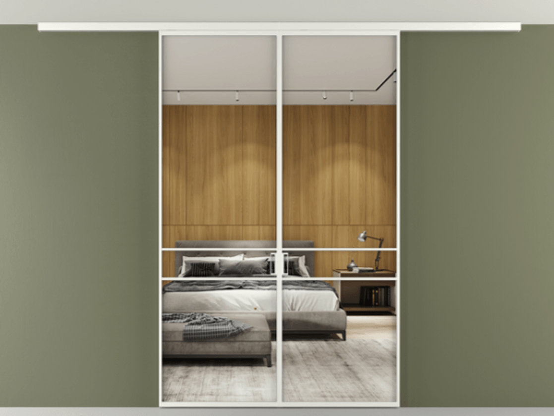 Перегородка Формато вдоль стены на потолок 2 створки АЛПР 040.02 Алюминий светло-серый Двустороннее зеркало, триплекс , триплекс 6 мм Цена 37882850 so'm | Volhovec