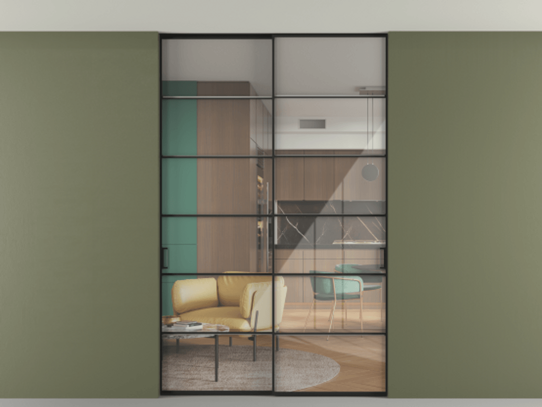 Перегородка Formato внутри проёма скрытое крепление в потолок 2 створки АЛПР 040.04 Алюминий Черный Рефлективное прозрачное стекло "Stopsol", калёное Цена 63717640 so'm | Volhovec