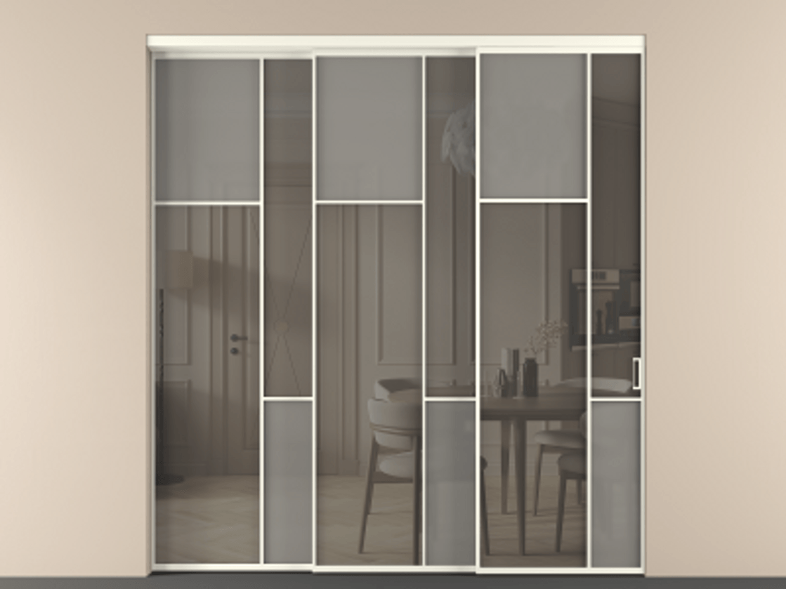 Перегородка Мозаик внутри проёма 3 створки с синхронным механизмом АЛПР 041.10 Алюминий жемчужный Сатинированное серое стекло, триплекс, 6 мм + Прозрачное серое стекло, триплекс Цена 88790170 so'm | Volhovec