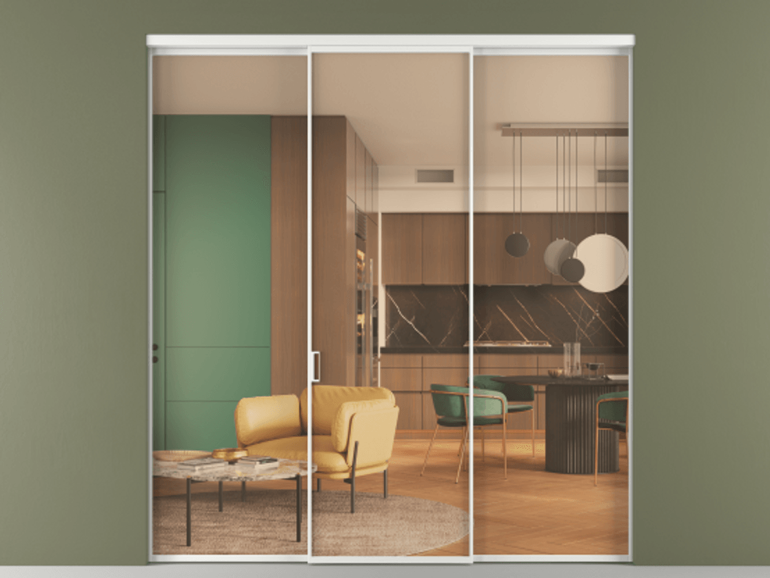 Перегородка Формато внутри проёма 3 створки АЛПР 040.01 Алюминий белоснежный Прозрачное оранжевое стекло, триплекс Цена 45700380 so'm | Volhovec