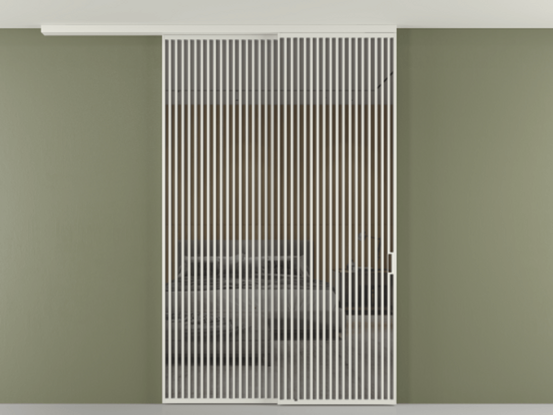 Перегородка Формато вдоль стены на потолок 2 створки с синхронным механизмом АЛПР 040.06 Алюминий серый Рефлективное серое стекло "Стопсол", калёное Цена 94040970 so'm | Volhovec