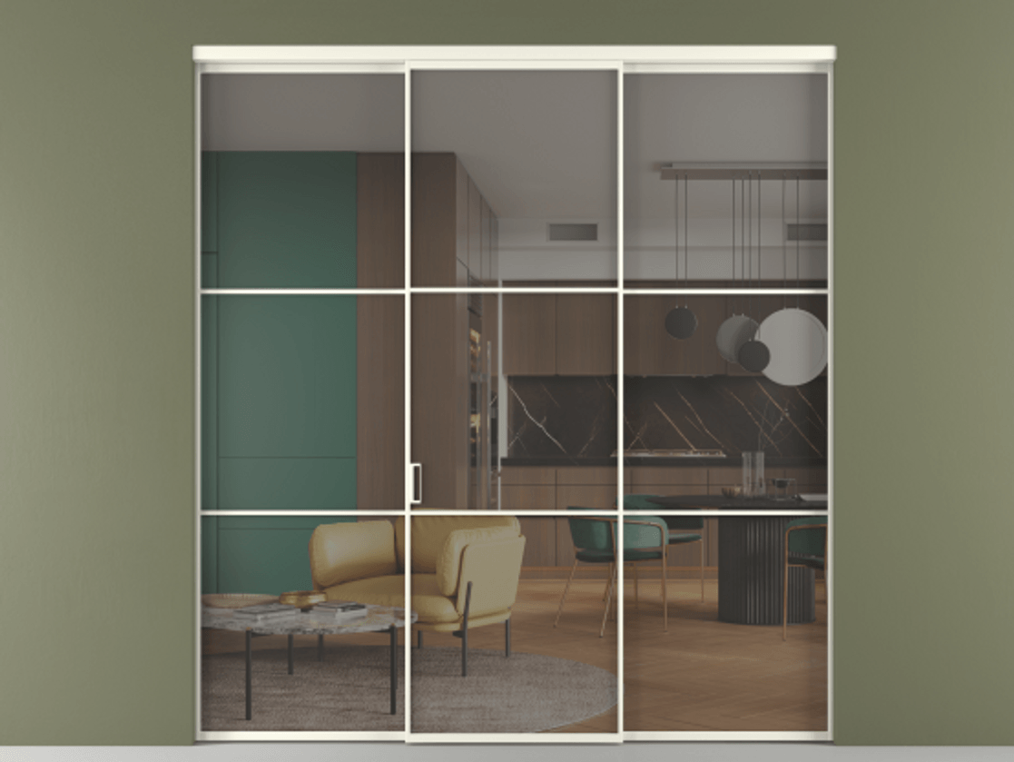 Перегородка Формато внутри проёма 3 створки АЛПР 040.03 Алюминий жемчужный Прозрачное серое стекло, триплекс Цена 48166830 so'm | Volhovec