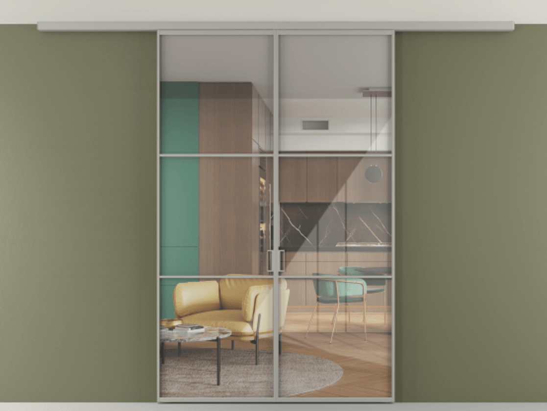 Перегородка Формато вдоль стены на потолок 2 створки АЛПР 040.03 Алюминий нейтральный серый Рефлективное прозрачное стекло "Стопсол", калёное Цена 42158230 so'm | Volhovec