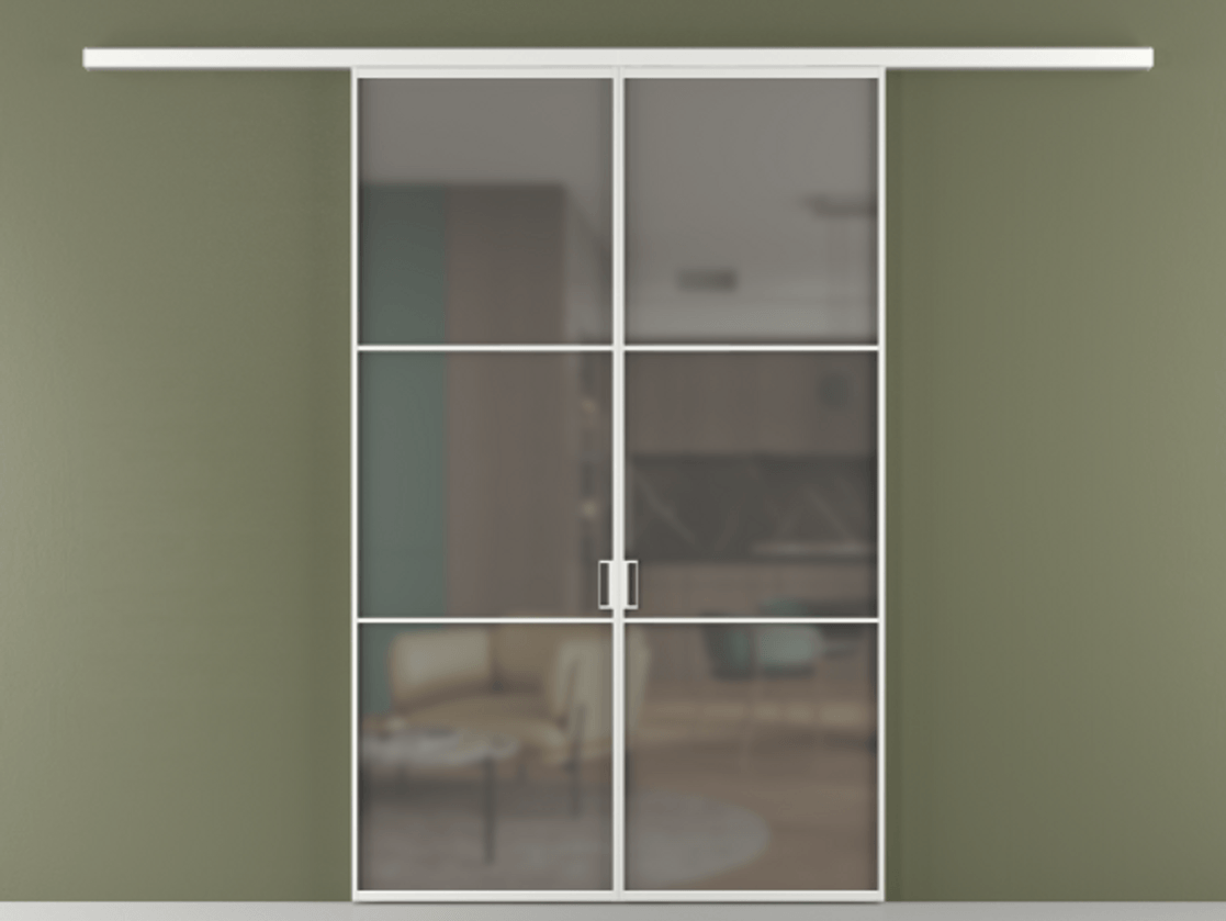 Перегородка Формато вдоль стены 2 створки АЛПР 040.03 Алюминий белоснежный Сатинированное серое стекло, триплекс Цена 39676350 so'm | Volhovec