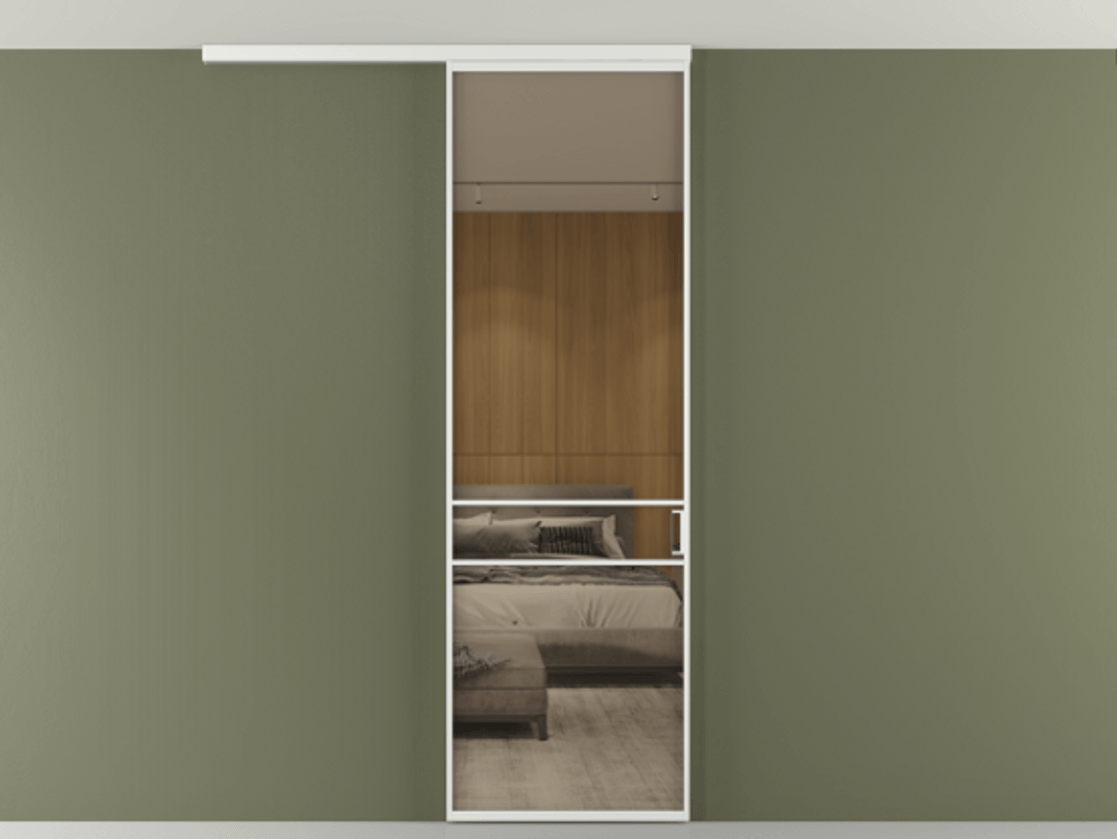 Перегородка Формато вдоль стены на потолок 1 створка АЛПР 040.02 Алюминий белоснежный Рефлективное бронзовое стекло "Стопсол", калёное Цена 25478530 so'm | Volhovec