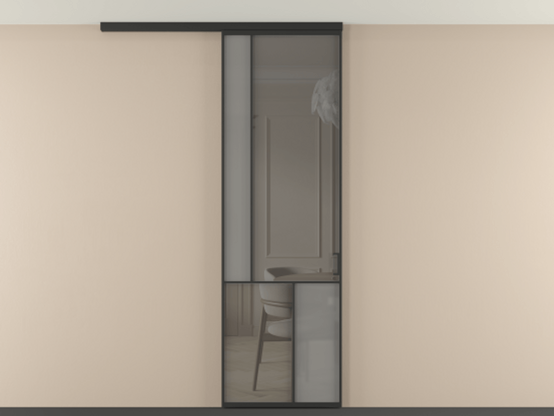 Перегородка Мозаик вдоль стены на потолок 1 створка АЛПР 041.20 Алюминий Черный Сатинированное серое стекло, триплекс, 6 мм + Прозрачное серое стекло, триплекс Цена 26300680 so'm | Volhovec