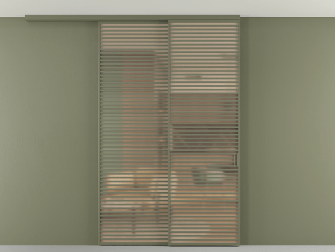 Перегородка Формато вдоль стены на потолок 2 створки с синхронным механизмом АЛПР 040.07 Алюминий оливковый тёмный Сатинированное оранжевое стекло, триплекс Цена 91442510 so'm | Volhovec