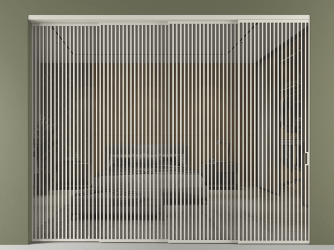 Перегородка Формато внутри проёма 4 створки с синхронным механизмом АЛПР 040.06 Алюминий тёплый серый Рефлективное серое стекло "Стопсол", калёное Цена 883210 ₽ | Volhovec