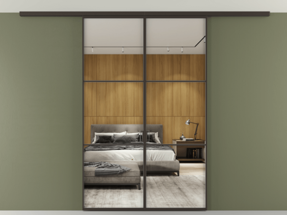 Перегородка Формато вдоль стены на потолок 2 створки АЛПР 040.03 Алюминий антрацит Двустороннее зеркало, триплекс , триплекс 6 мм Цена 46267760 so'm | Volhovec