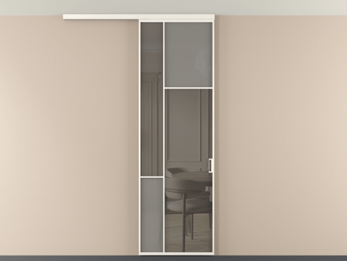 Перегородка Мозаик вдоль стены на потолок 1 створка АЛПР 041.11 Алюминий пудровый белый Сатинированное серое стекло, триплекс, 6 мм + Прозрачное серое стекло, триплекс Цена 27413120 so'm | Volhovec