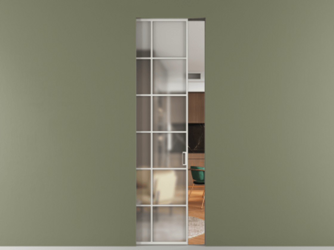 Перегородка Формато скрытый пенал 1 створка АЛПР 040.05 Алюминий серый Сатинированное стекло "Мателюкс Кристал Вижн", калёное, матовое, каленое 6 мм Цена 34108060 so'm | Volhovec