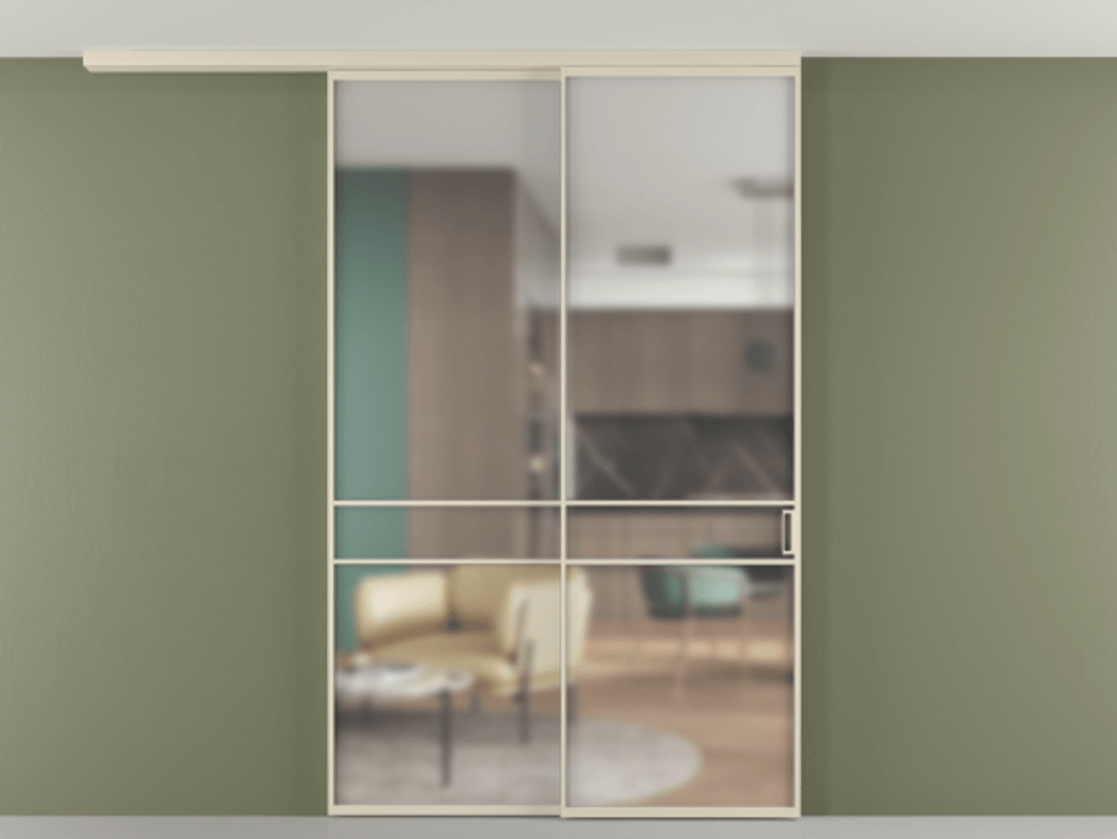 Перегородка Формато вдоль стены на потолок 2 створки с синхронным механизмом АЛПР 040.02 Алюминий бежево-серый Сатинированное стекло "Мателюкс Кристал Вижн", калёное, матовое, каленое 6 мм Цена 327020 ₽ | Volhovec