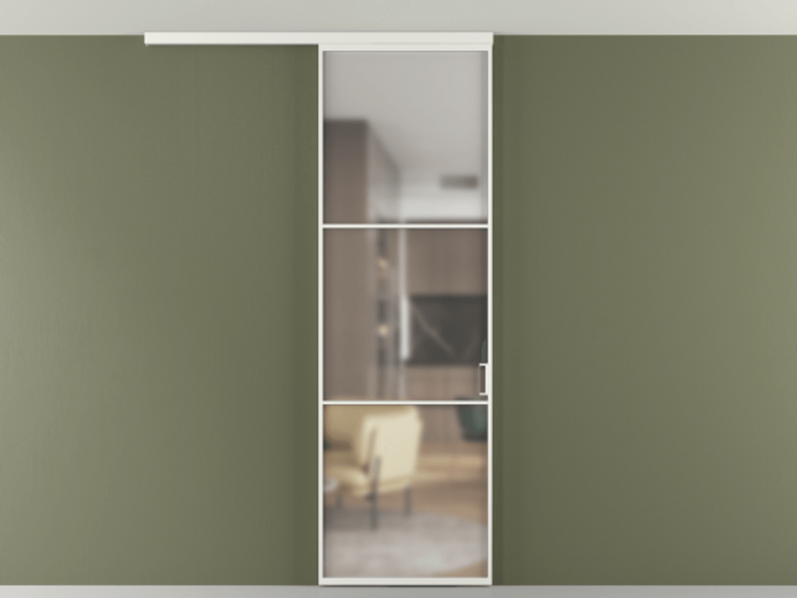 Перегородка Формато вдоль стены на потолок 1 створка АЛПР 040.03 Алюминий светло-серый Сатинированное стекло "Мателюкс Кристал Вижн", калёное, матовое, каленое 6 мм Цена 25478530 so'm | Volhovec