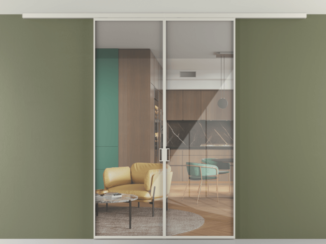 Перегородка Формато вдоль стены на потолок 2 створки АЛПР 040.01 Алюминий тёплый серый Рефлективное прозрачное стекло "Стопсол", калёное Цена 47104120 so'm | Volhovec