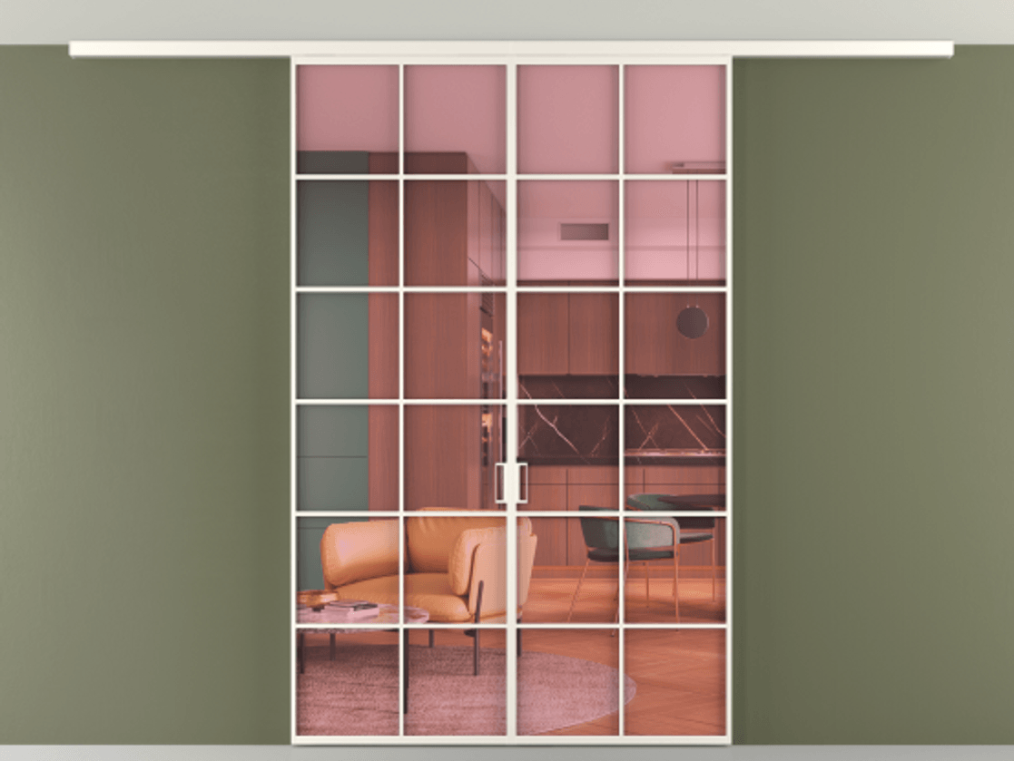 Перегородка Формато вдоль стены на потолок 2 створки АЛПР 040.05 Алюминий пудровый белый Прозрачное розовое стекло, триплекс Цена 40495460 so'm | Volhovec