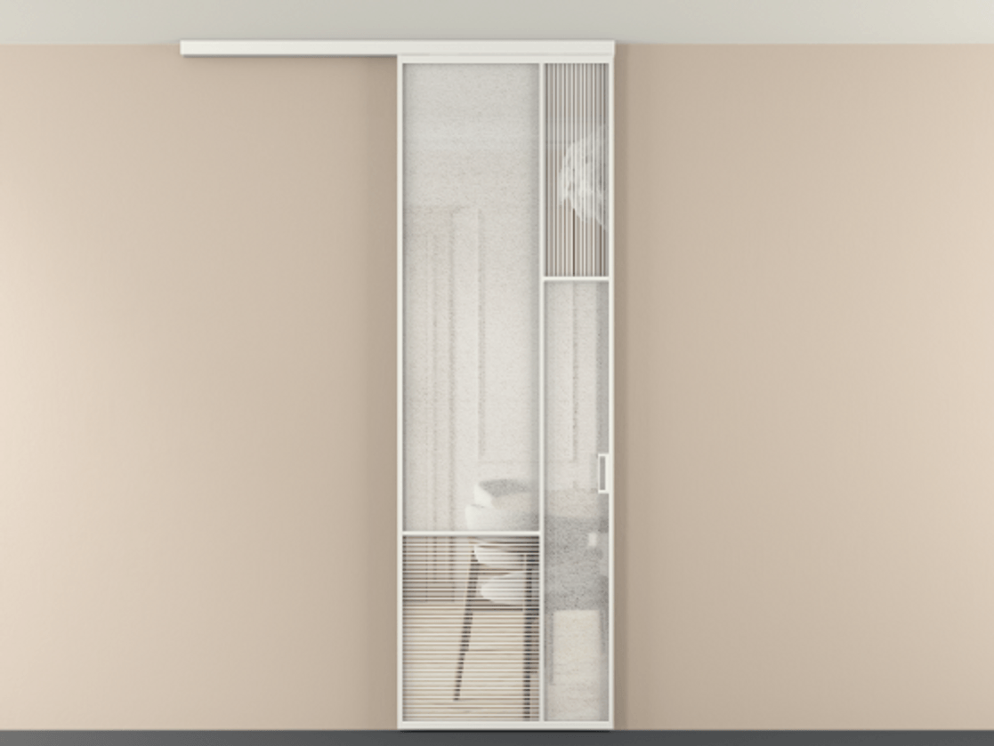 Перегородка Мозаик вдоль стены на потолок 1 створка АЛПР 041.12 Алюминий светло-серый Рифлёное стекло "Дюна", триплекс, 6 мм + Фактурное стекло "Лёд", триплекс Цена 29037120 so'm | Volhovec