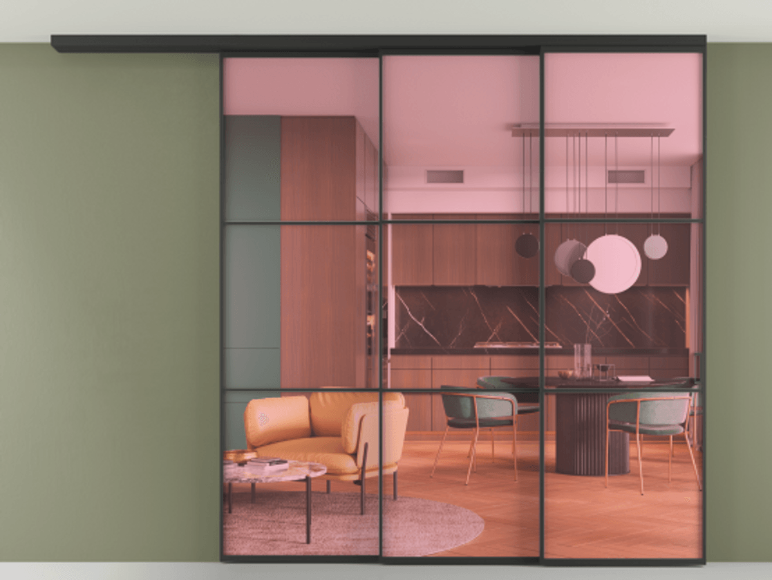 Перегородка Formato вдоль стены на потолок 3 створки с синхронным механизмом АЛПР 040.03 Алюминий Черный Прозрачное розовое стекло, триплекс Цена 76604080 so'm | Volhovec