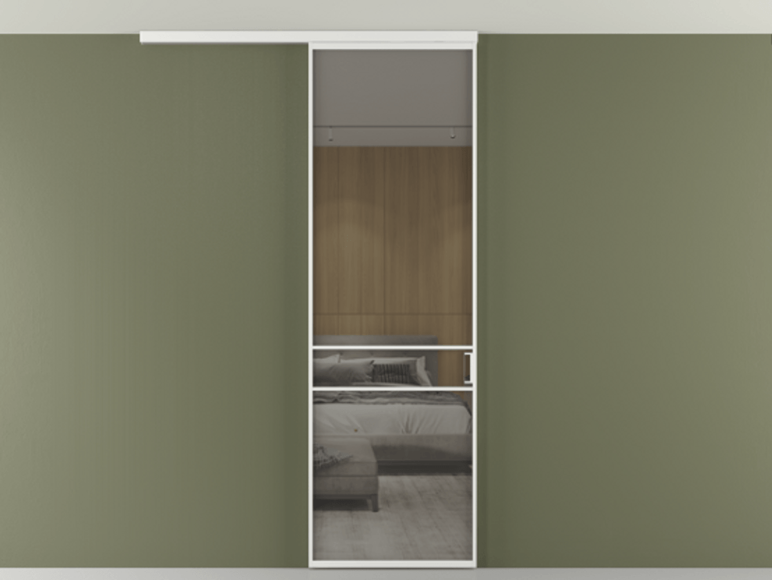 Перегородка Формато вдоль стены на потолок 1 створка АЛПР 040.02 Алюминий белоснежный Рефлективное серое стекло "Стопсол", калёное Цена 25478530 so'm | Volhovec