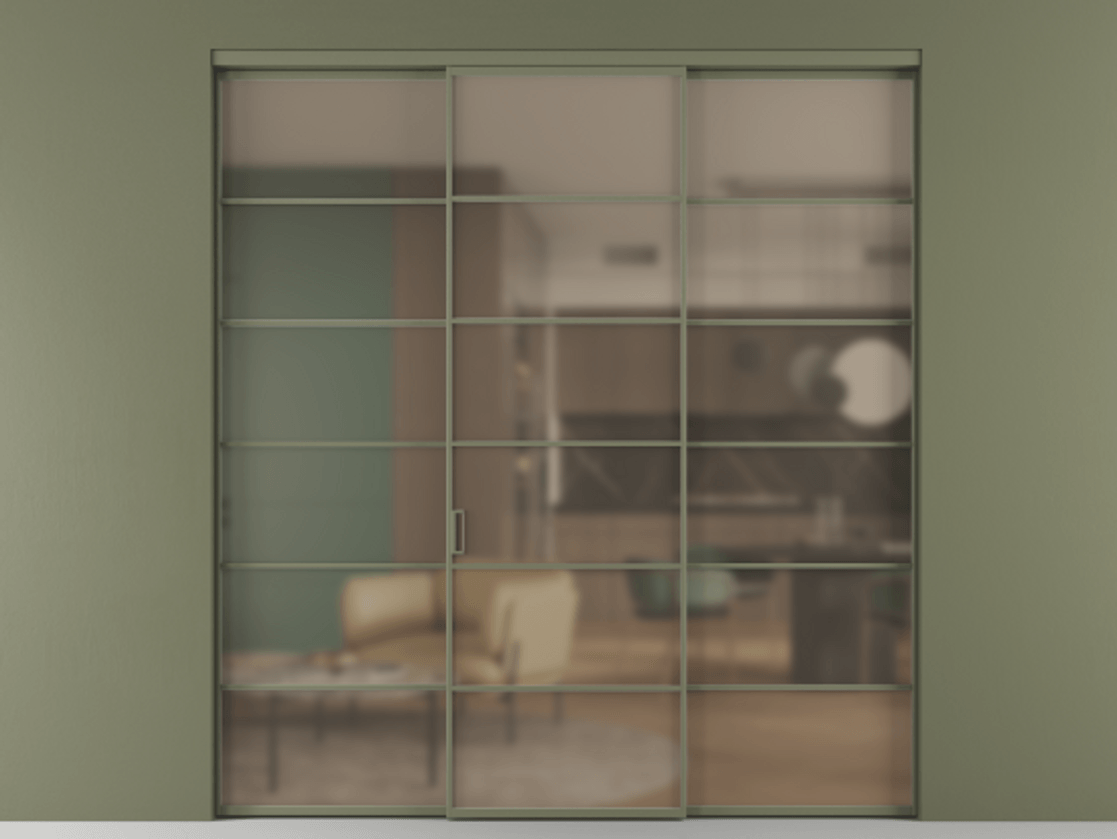 Перегородка Формато внутри проёма 3 створки АЛПР 040.04 Алюминий оливковый тёмный Сатинированное бронзовое стекло, триплекс Цена 51729480 so'm | Volhovec