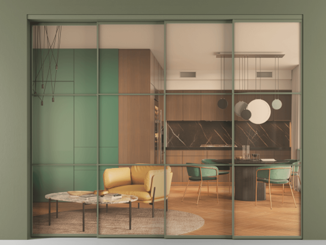 Перегородка Формато внутри проёма 4 створки с синхронным механизмом АЛПР 040.03 Алюминий оливковый тёмный Прозрачное оранжевое стекло, триплекс Цена 94135160 so'm | Volhovec