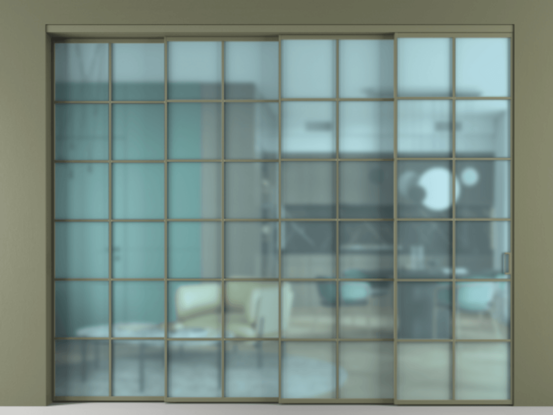 Перегородка Formato внутри проёма 4 створки с синхронным механизмом АЛПР 040.05 Алюминий оливковый тёмный Сатинированное голубое стекло, триплекс Цена 99202040 so'm | Volhovec