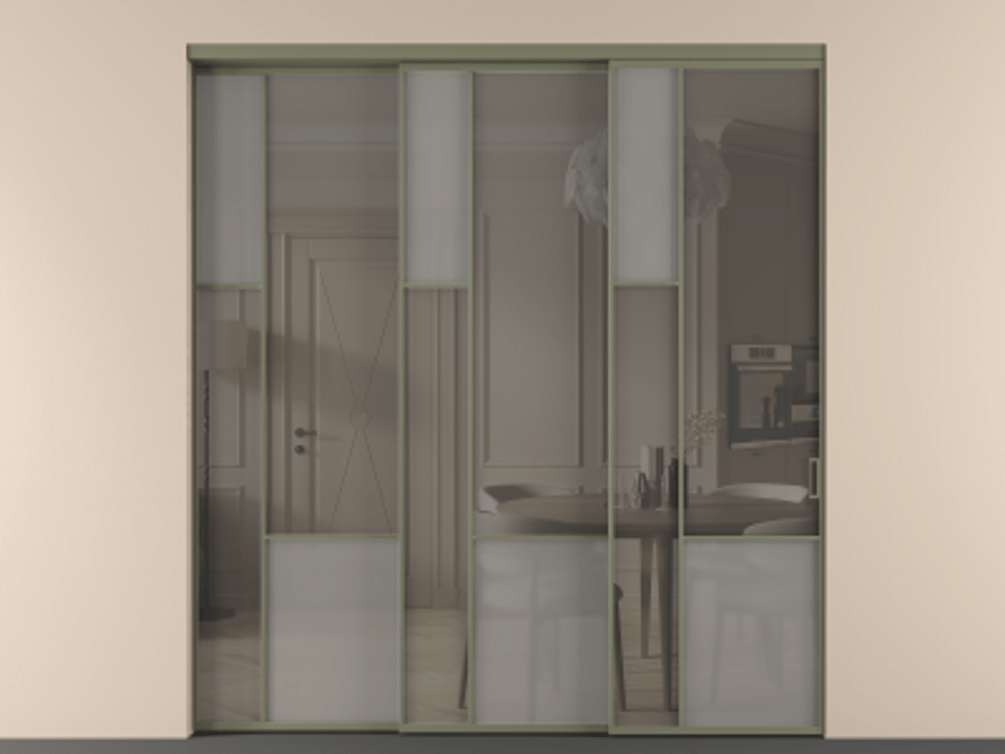 Перегородка Мозаик внутри проёма 3 створки с синхронным механизмом АЛПР 041.13 Алюминий оливковый тёмный Сатинированное серое стекло, триплекс, 6 мм + Прозрачное серое стекло, триплекс Цена 88790170 so'm | Volhovec