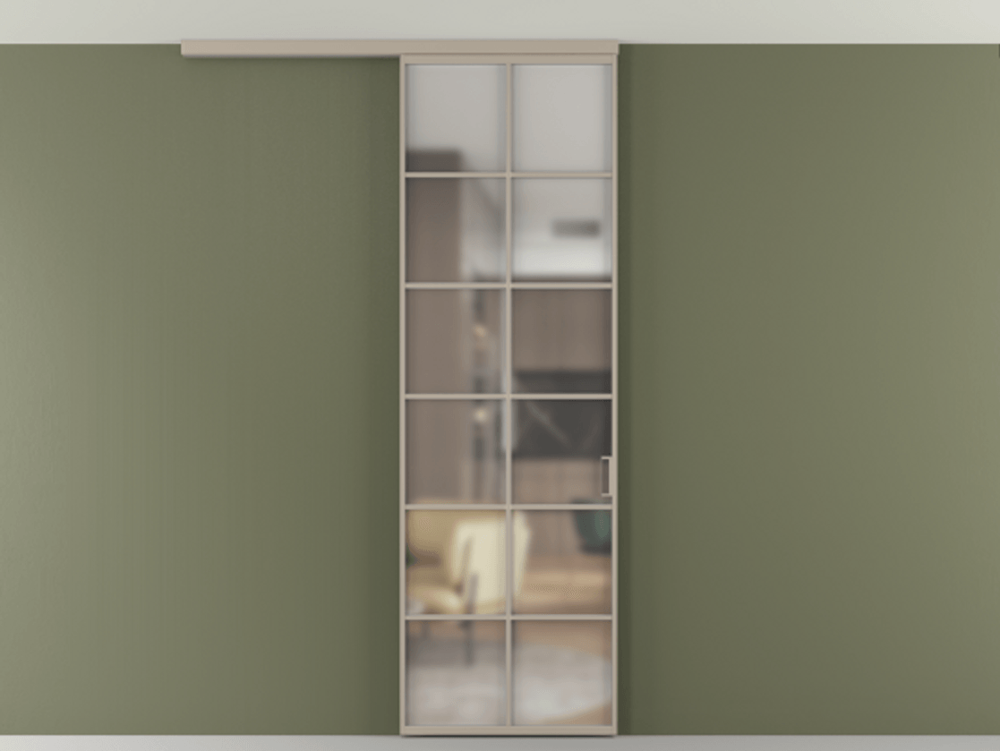 Перегородка Формато вдоль стены на потолок 1 створка АЛПР 040.05 Алюминий бисквитный Сатинированное стекло "Мателюкс Кристал Вижн", калёное, матовое, каленое 6 мм Цена 23193160 so'm | Volhovec