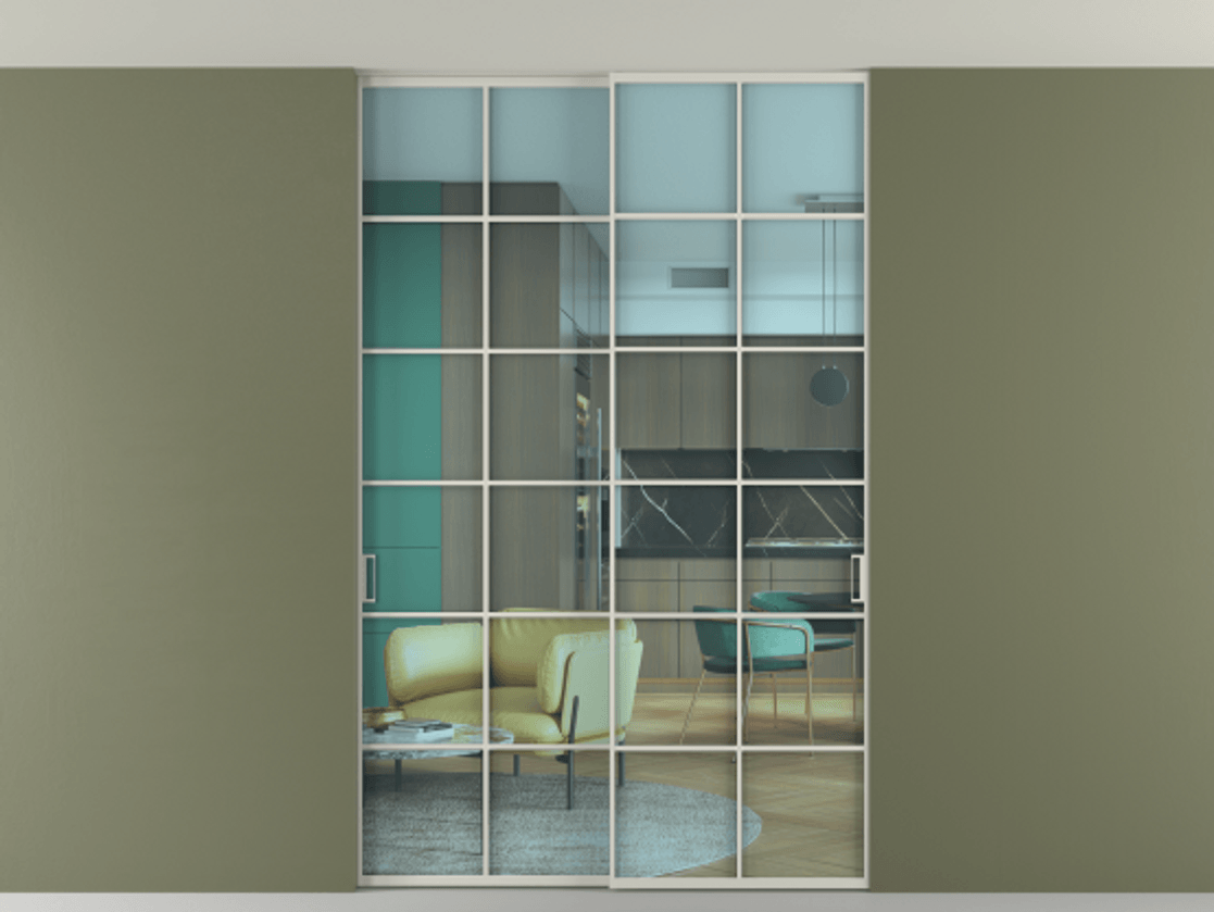 Перегородка Формато внутри проёма скрытое крепление в потолок 2 створки АЛПР 040.05 Алюминий тёплый серый Прозрачное голубое стекло, триплекс Цена 53000260 so'm | Volhovec