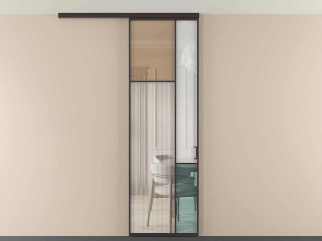 Перегородка Мозаик вдоль стены на потолок 1 створка АЛПР 041.10 Алюминий антрацит Комбинация стекол Группы 1 и Группы 3 Цена 28631120 so'm | Volhovec