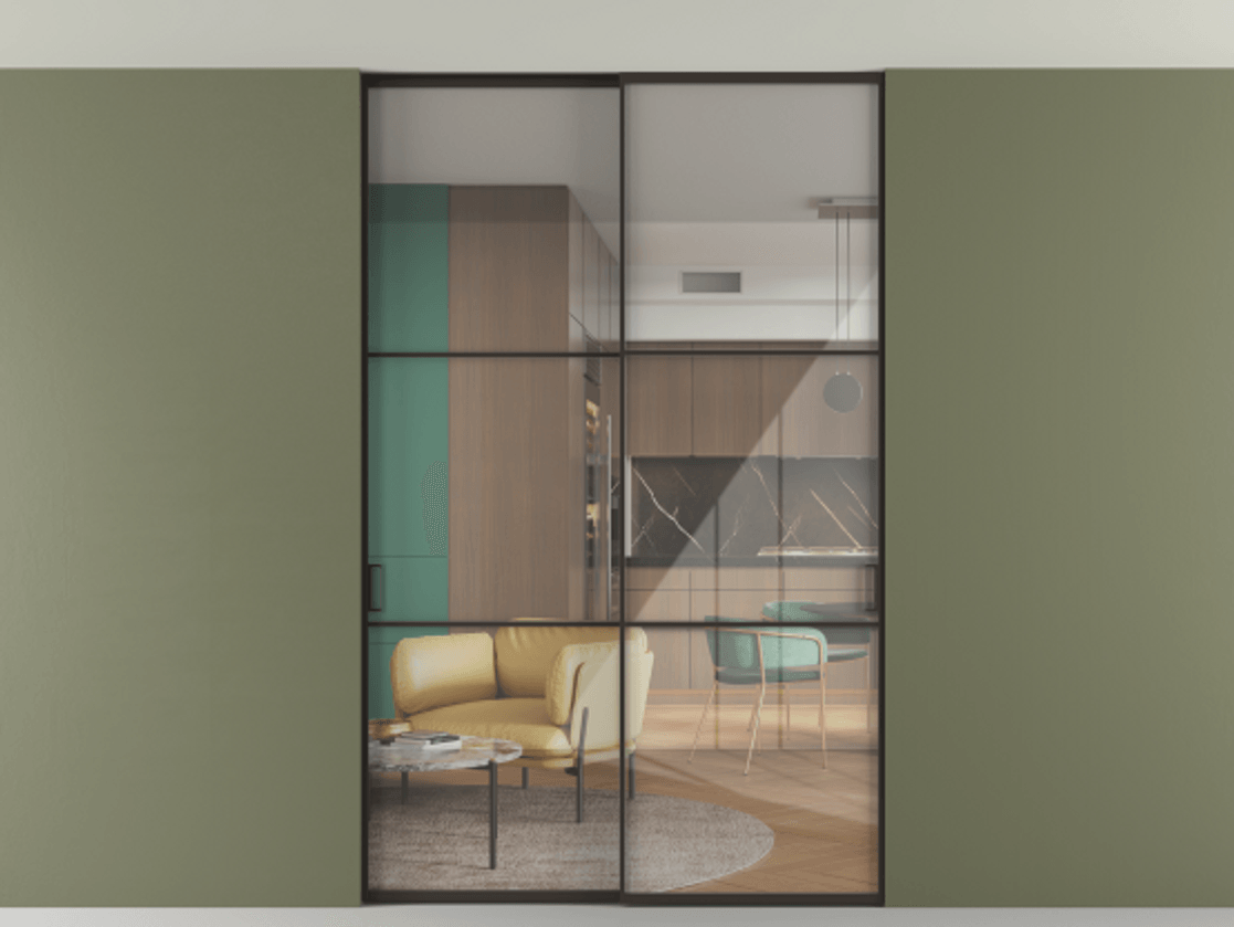 Перегородка Formato внутри проёма скрытое крепление в потолок 2 створки АЛПР 040.03 Алюминий антрацит Рефлективное прозрачное стекло "Stopsol", калёное Цена 62020560 so'm | Volhovec