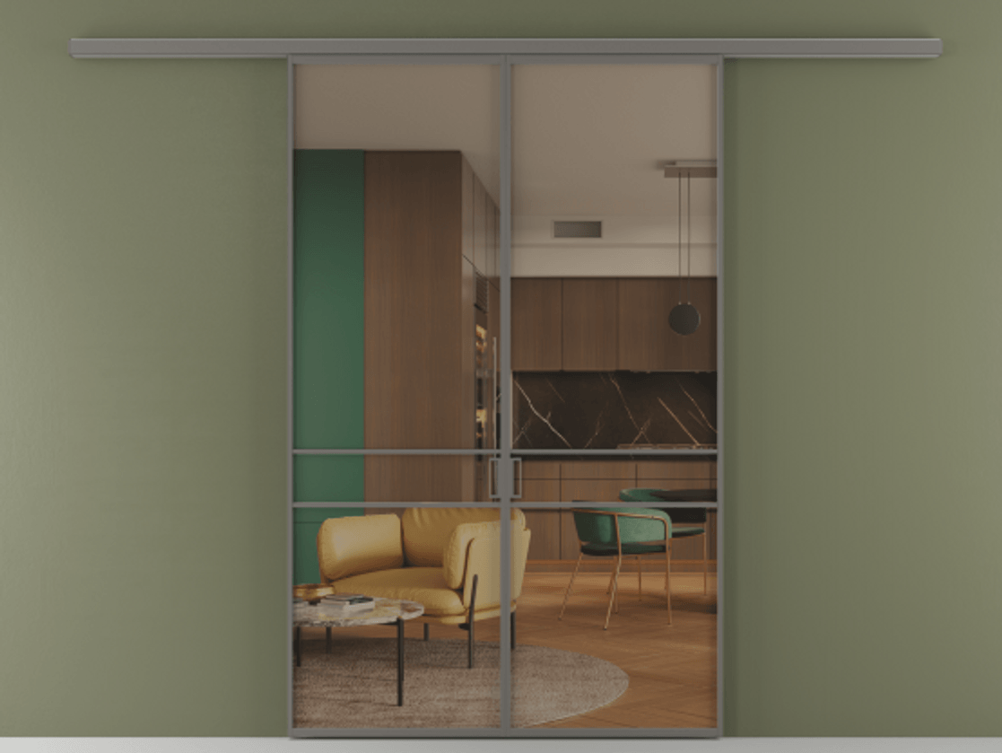 Перегородка Формато вдоль стены 2 створки АЛПР 040.02 Алюминий классический серый Прозрачное бронзовое стекло, триплекс Цена 39676350 so'm | Volhovec