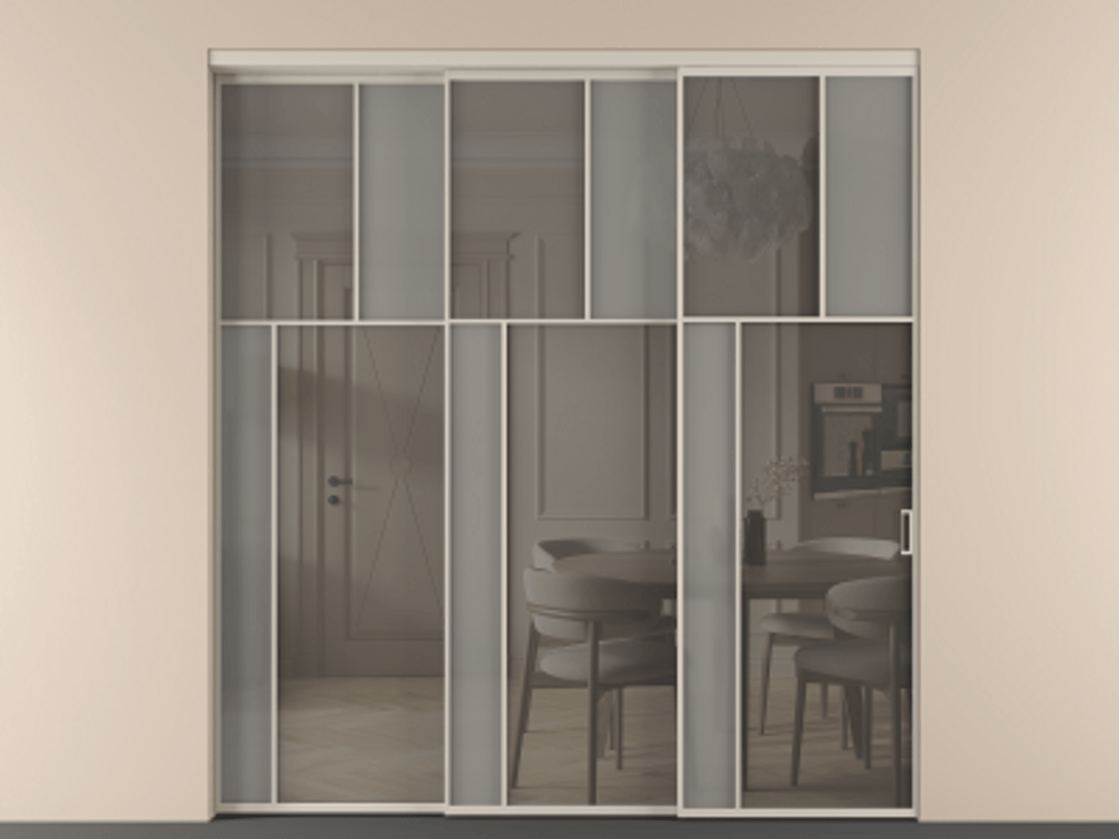 Перегородка Mosaic внутри проёма 3 створки с синхронным механизмом АЛПР 041.22 Алюминий светло-бежевый Сатинированное серое стекло, триплекс, 6 мм + Прозрачное серое стекло, триплекс. Цена 88790170 so'm . Фабрика дверей Волховец 8 (800) 551 43 19 Перегородка Mosaic внутри проёма 3 створки с синхронным механизмом АЛПР 041.22 Алюминий светло-бежевый Сатинированное серое стекло, триплекс, 6 мм + Прозрачное серое стекло, триплекс Цена 88790170 so'm | Volhovec