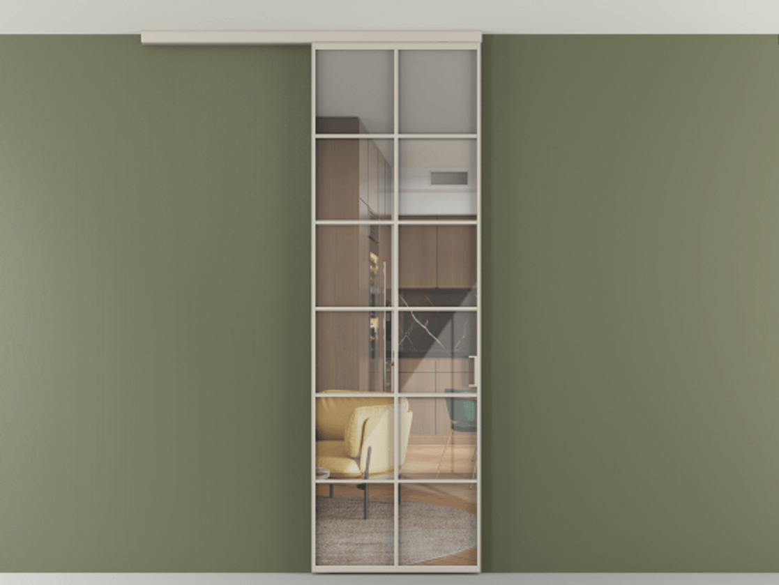 Перегородка Формато вдоль стены на потолок 1 створка АЛПР 040.05 Алюминий светло-бежевый Рефлективное прозрачное стекло "Стопсол", калёное Цена 125680 ₽ | Volhovec