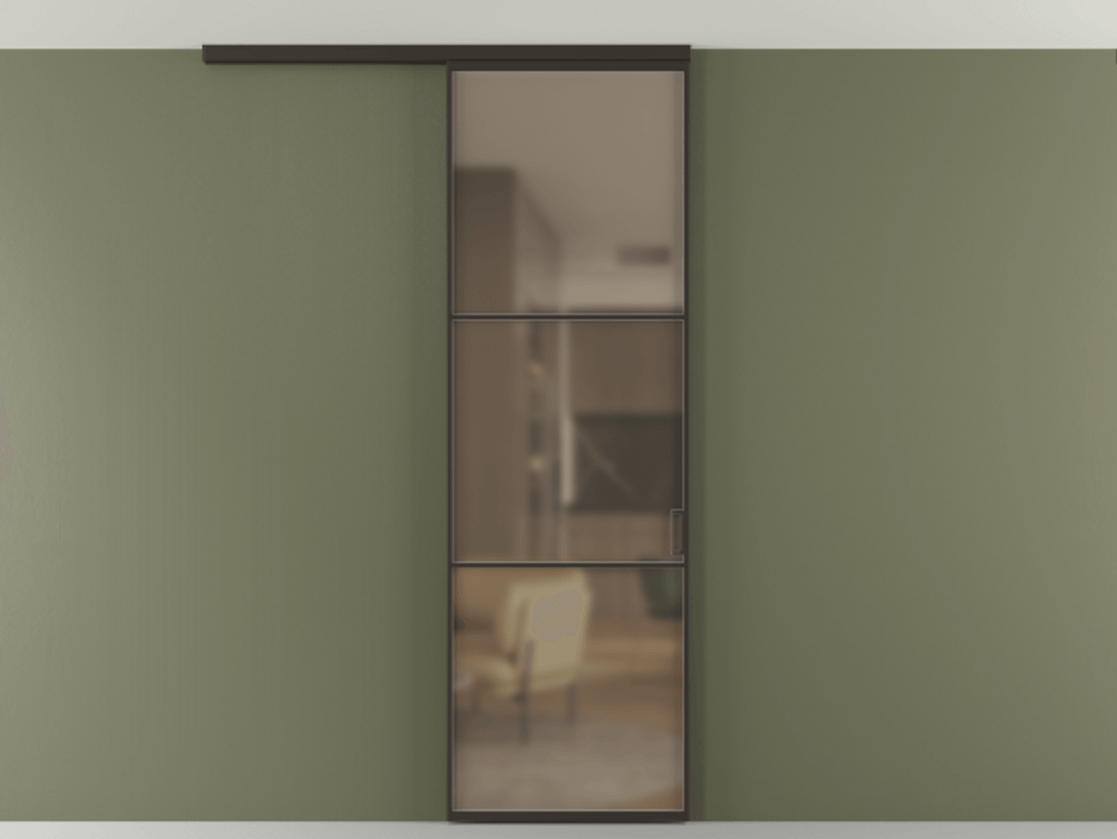 Перегородка Формато вдоль стены на потолок 1 створка АЛПР 040.03 Алюминий антрацит Сатинированное бронзовое стекло, триплекс Цена 20500560 so'm | Volhovec