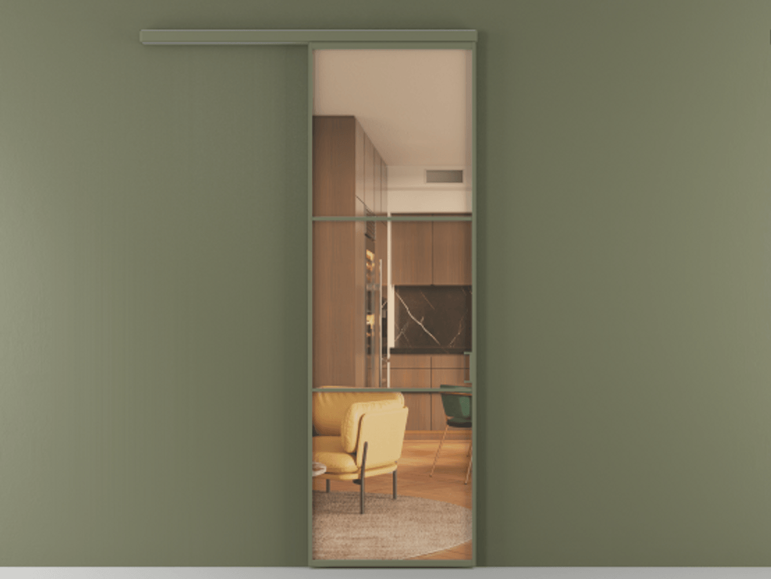 Перегородка Формато вдоль стены 1 створка АЛПР 040.03 Алюминий оливковый тёмный Прозрачное оранжевое стекло, триплекс Цена 21534240 so'm  | Volhovec