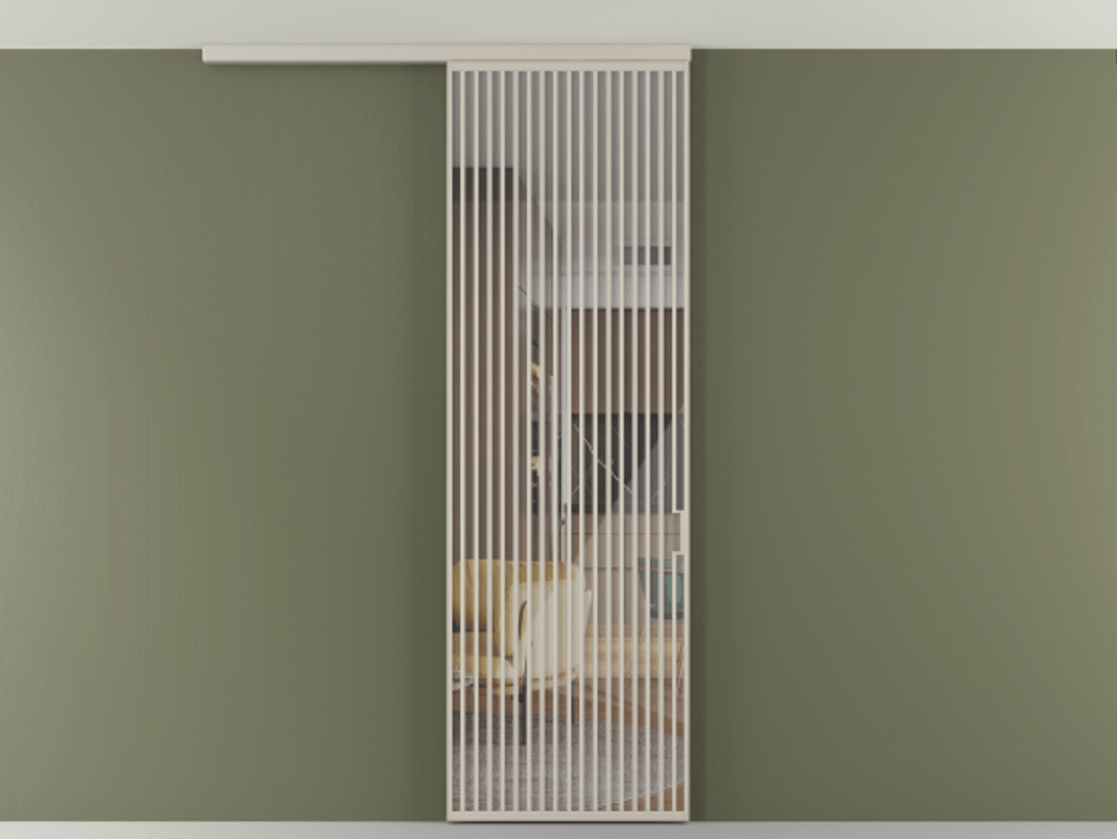 Перегородка Формато вдоль стены на потолок 1 створка АЛПР 040.06 Алюминий светло-бежевый Рефлективное прозрачное стекло "Стопсол", калёное Цена 193628 ₽ | Volhovec