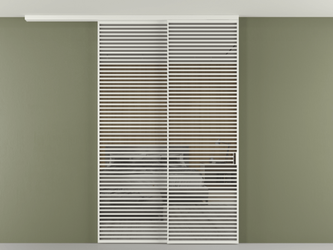 Перегородка Формато вдоль стены на потолок 2 створки с синхронным механизмом АЛПР 040.07 Алюминий светло-серый Рефлективное серое стекло "Стопсол", калёное Цена 110151860 so'm | Volhovec