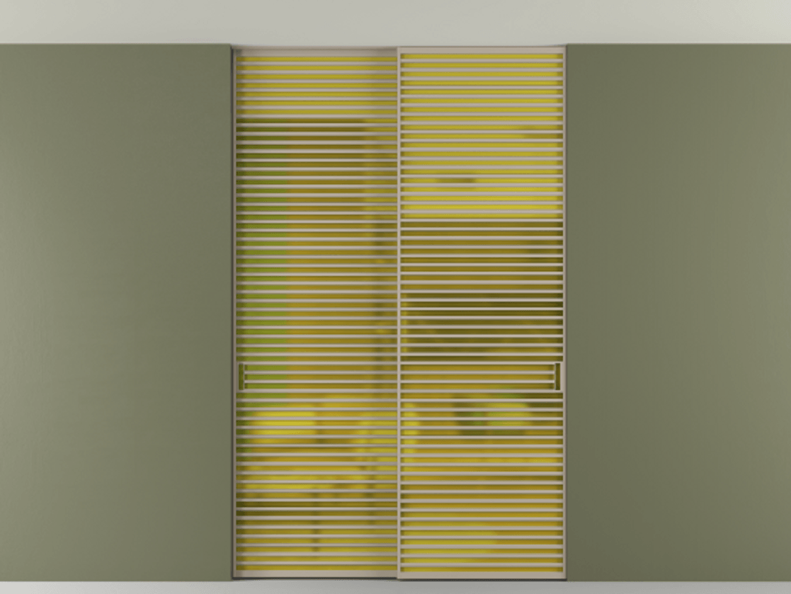 Перегородка Формато внутри проёма скрытое крепление в потолок 2 створки АЛПР 040.07 Алюминий бисквитный Сатинированное жёлтое стекло, триплекс Цена 83212750 so'm | Volhovec