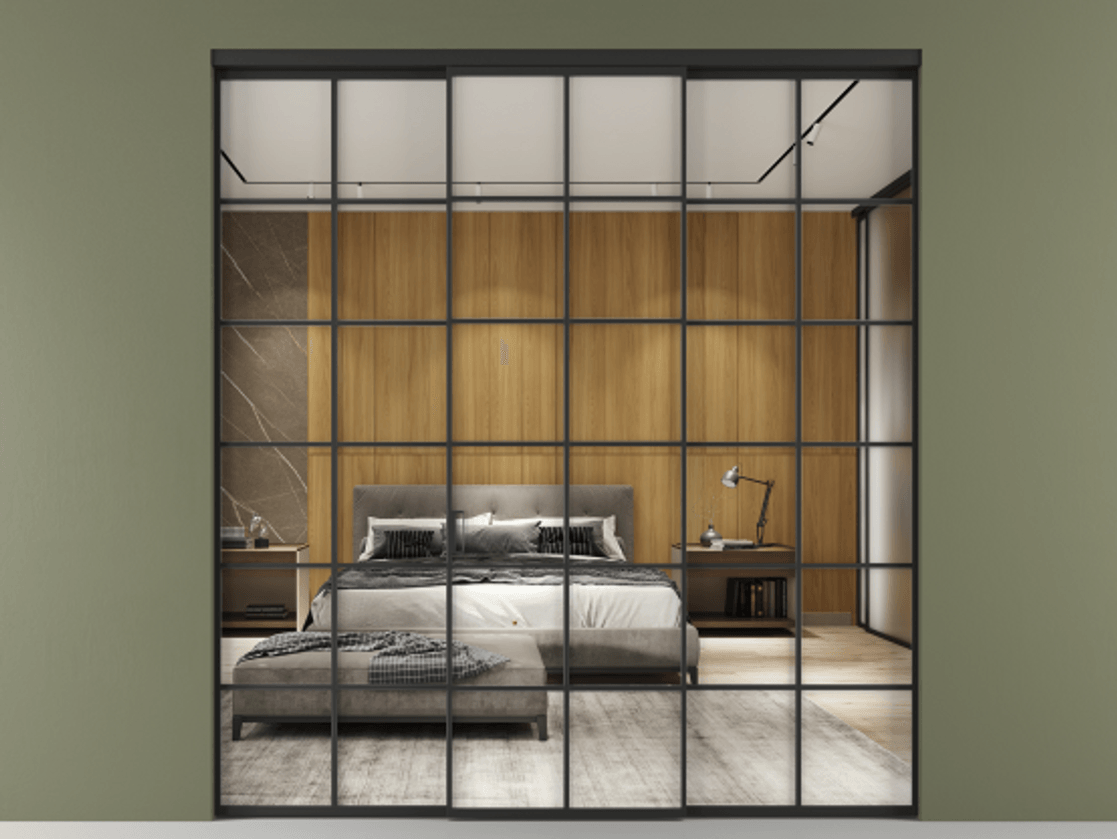 Перегородка Formato внутри проёма 3 створки АЛПР 040.05 Алюминий Черный Двустороннее зеркало, триплекс , триплекс 6 мм Цена 49658880 so'm | Volhovec