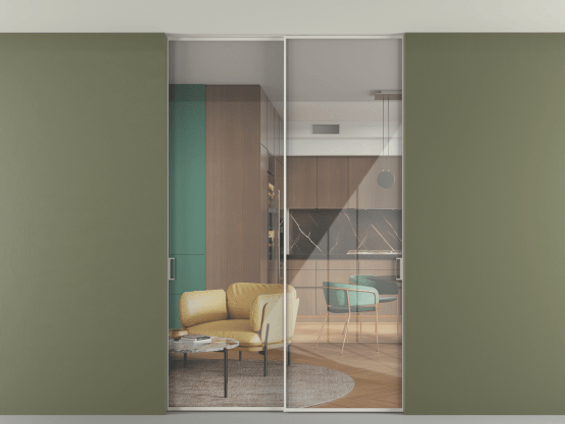 Перегородка Формато внутри проёма скрытое крепление в потолок 2 створки АЛПР 040.01 Алюминий Белый Рефлективное прозрачное стекло "Стопсол", калёное Цена 58090480 so'm | Volhovec