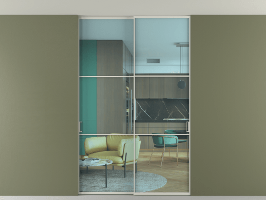 Перегородка Формато внутри проёма скрытое крепление в потолок 2 створки АЛПР 040.03 Алюминий тёплый серый Прозрачное голубое стекло, триплекс Цена 50387650 so'm | Volhovec