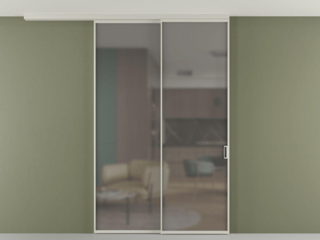 Перегородка Формато вдоль стены на потолок 2 створки с синхронным механизмом АЛПР 040.01 Алюминий тёплый серый Сатинированное серое стекло, триплекс Цена 60725420 so'm | Volhovec