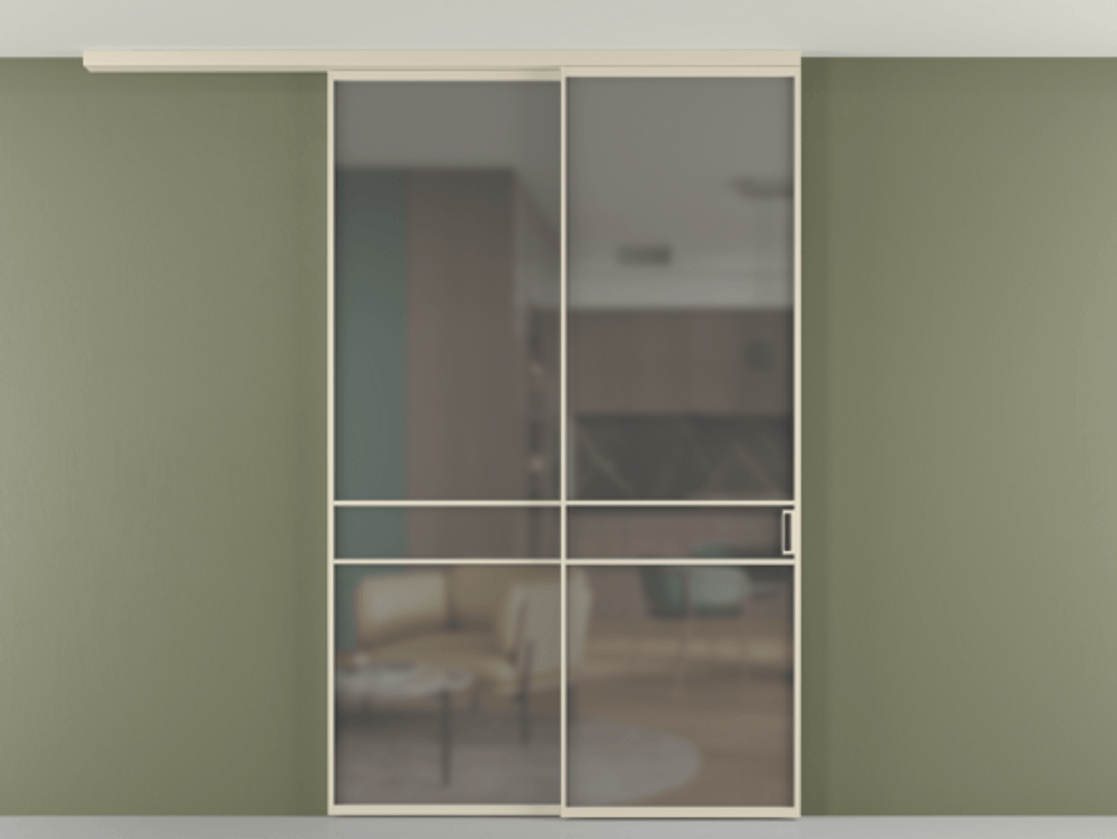 Перегородка Формато вдоль стены на потолок 2 створки с синхронным механизмом АЛПР 040.02 Алюминий бежево-серый Сатинированное серое стекло, триплекс Цена 63137060 so'm | Volhovec