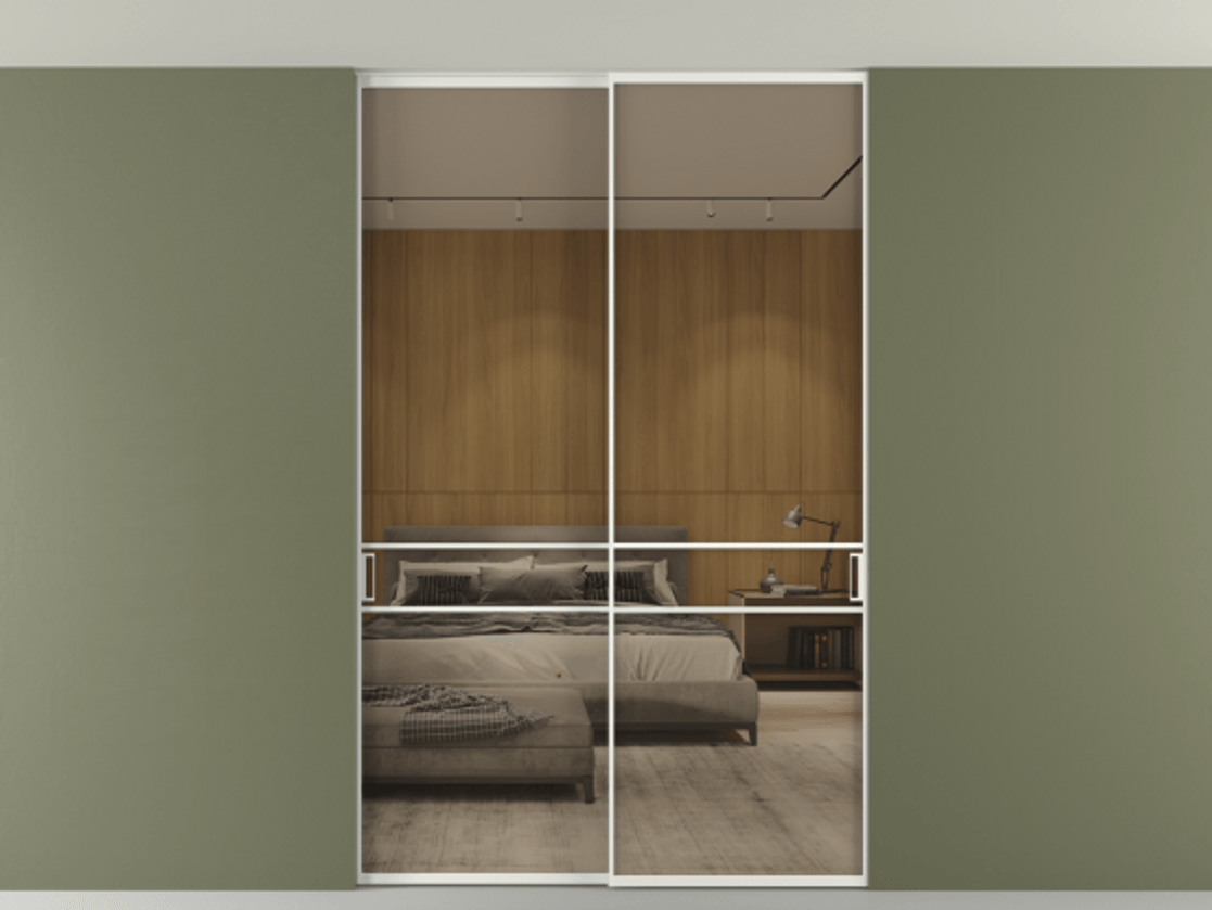 Перегородка Formato внутри проёма скрытое крепление в потолок 2 створки АЛПР 040.02 Алюминий светло-серый Рефлективное бронзовое стекло "Стопсол", калёное Цена 305520 ₽ | Volhovec