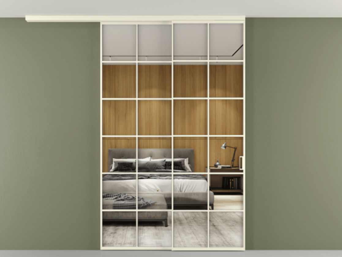 Перегородка Формато вдоль стены на потолок 2 створки с синхронным механизмом АЛПР 040.05 Алюминий молочно-белый Двустороннее зеркало, триплекс , триплекс 6 мм Цена 59215910 so'm | Volhovec