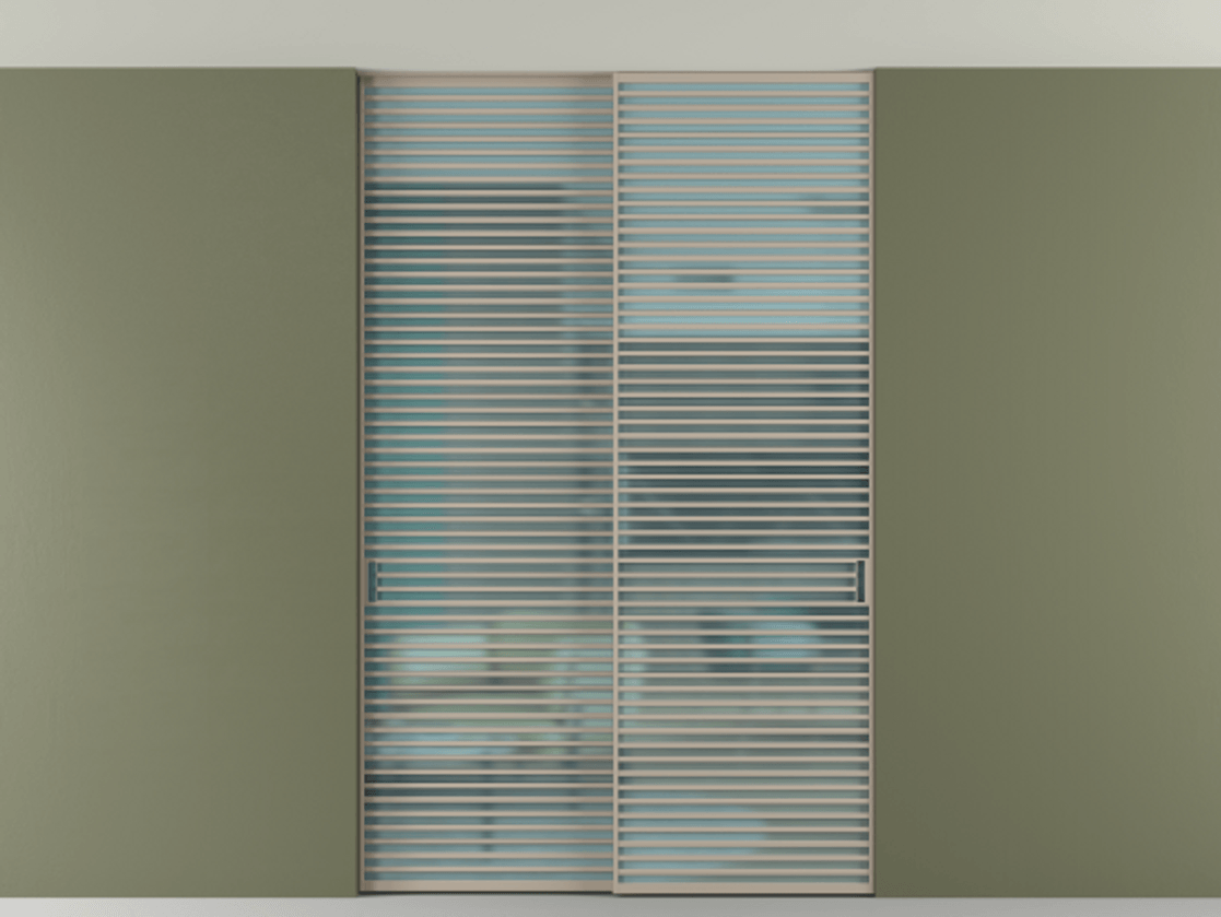 Перегородка Формато внутри проёма скрытое крепление в потолок 2 створки АЛПР 040.07 Алюминий бисквитный Сатинированное голубое стекло, триплекс Цена 83212750 so'm | Volhovec