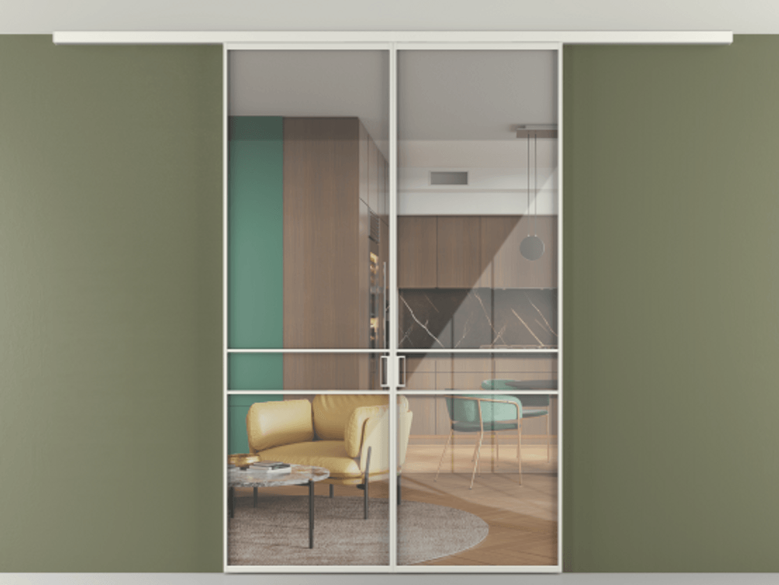 Перегородка Формато вдоль стены на потолок 2 створки АЛПР 040.02 Алюминий серый Рефлективное прозрачное стекло "Стопсол", калёное Цена 228440 ₽ | Volhovec